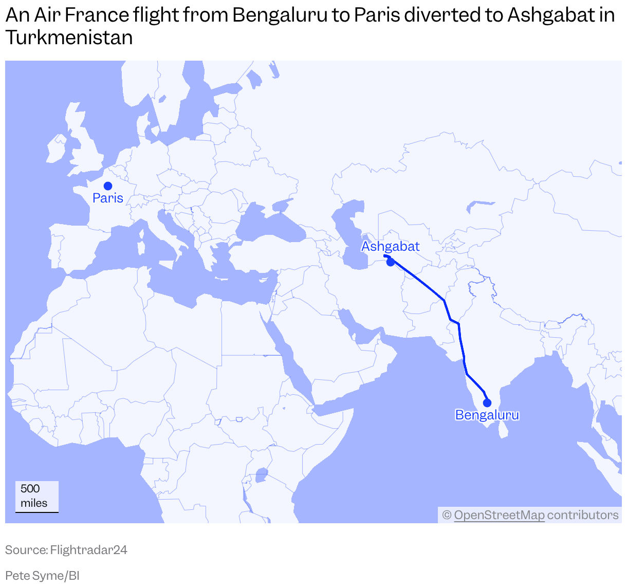 A map of the western hemisphere showing the flight path of Air France 191 which departed Bengaluru and diverted to Ashgabat.