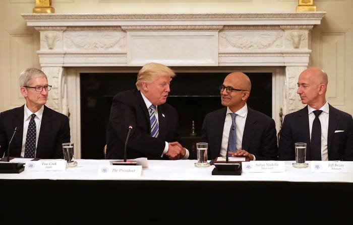 President Donald Trump speaks during an American Technology Council roundtable in the State Dinning Room at the White House in Washington, DC on Monday, June 19, 2017. From left, Tim Cook, Chief Executive Officer of Apple, Trump, Satya Nadella, Chief Executive Officer of Microsoft, and Jeff Bezos, Chief Executive Officer of Amazon. (Photo by Jabin Botsford/The Washington Post via Getty Images)