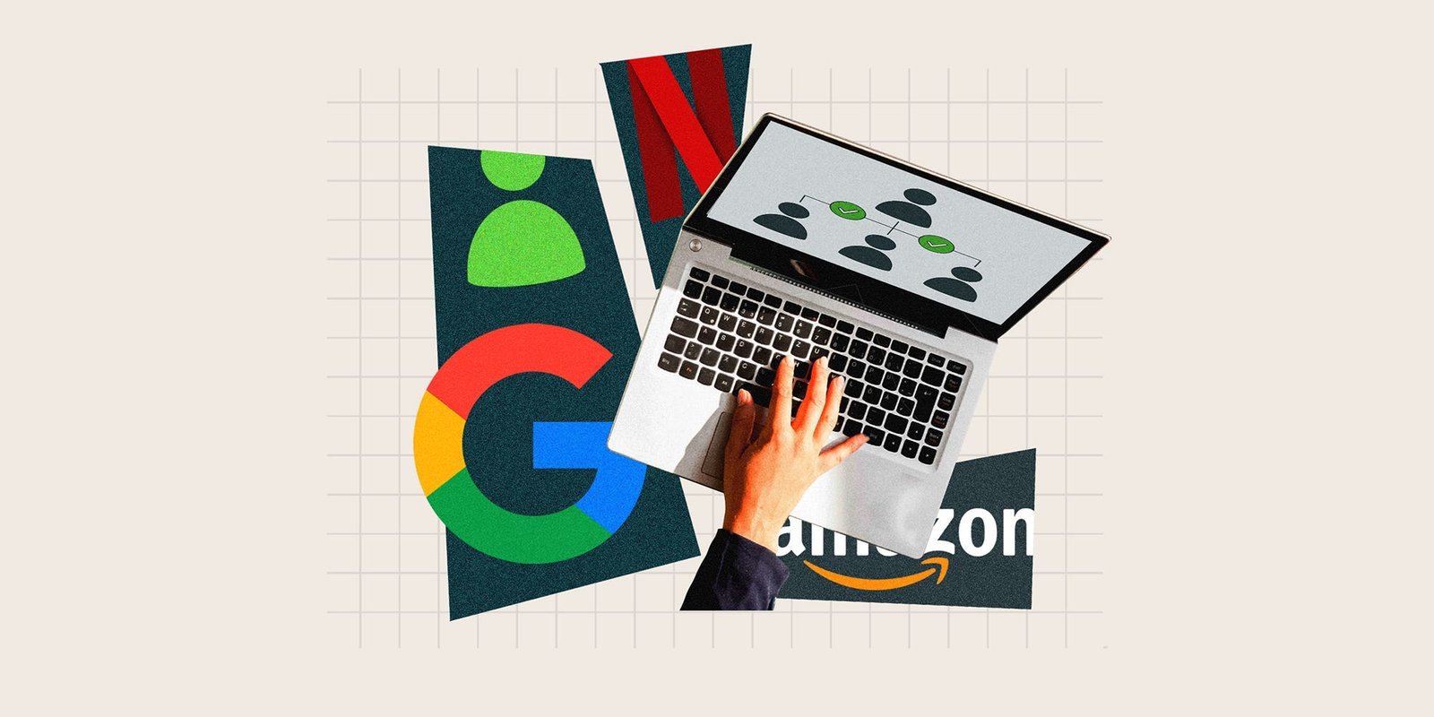 Photo collage featuring a hand on a laptop with an org chart on screen, surrounded by logos (Google, Amaon and Netflix).